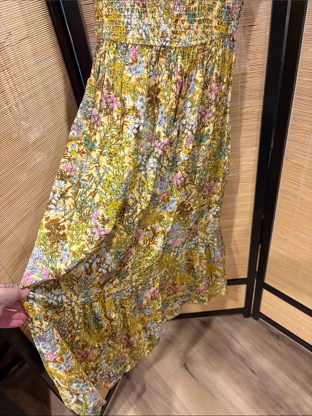 Smocked V-Neck Maxi Dress in Mustard Floral - Picture 4 of 7